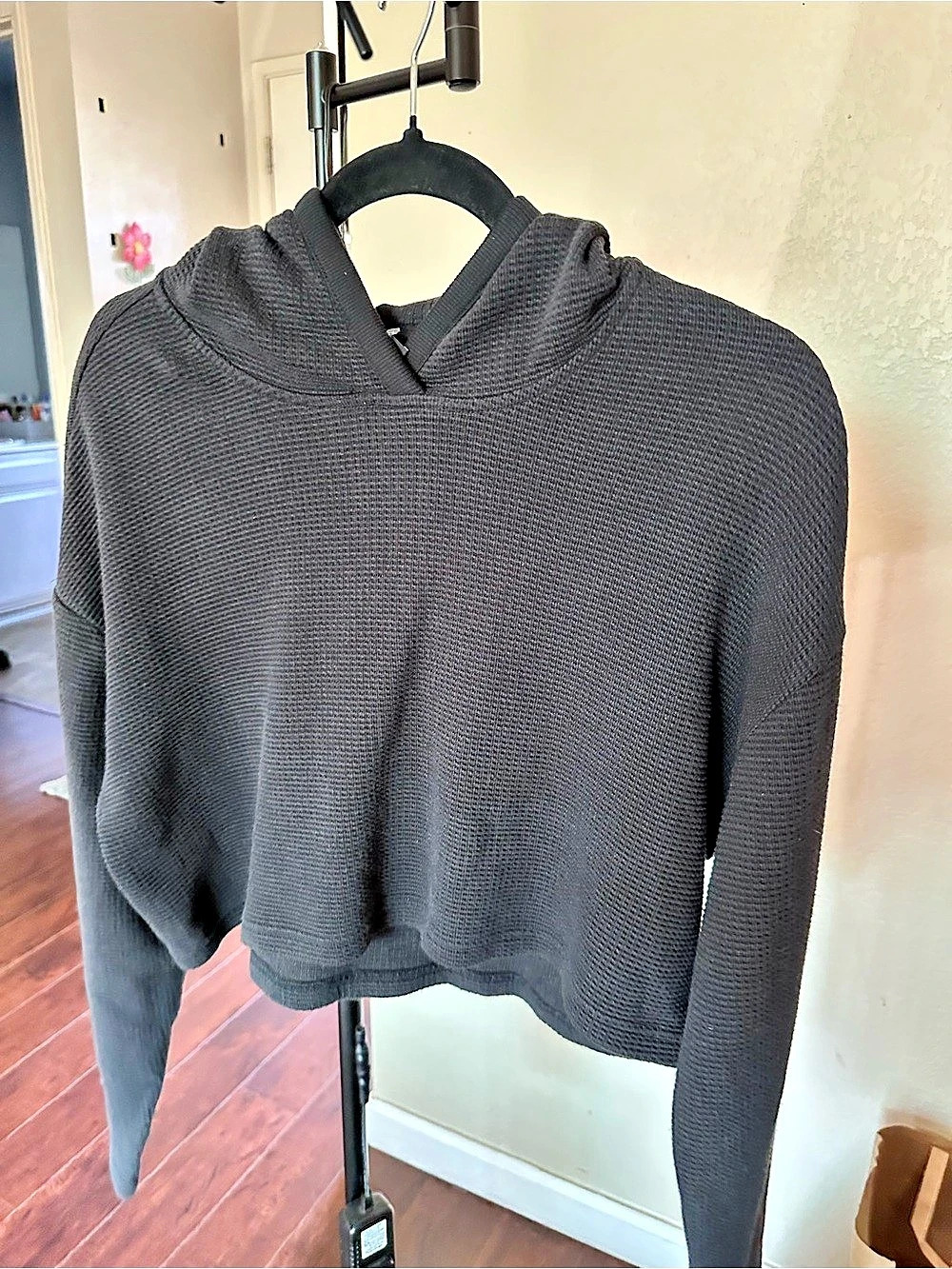 Athleta Tranquil Waffle Hoodie Hooded Long Sleeve Top Black Small
